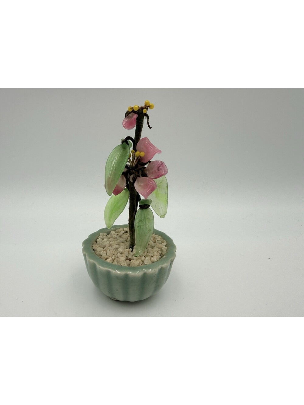 Pink Flower Decorative Asian Style Jade Glass Flowers Bonsai Plant Celadon Pot